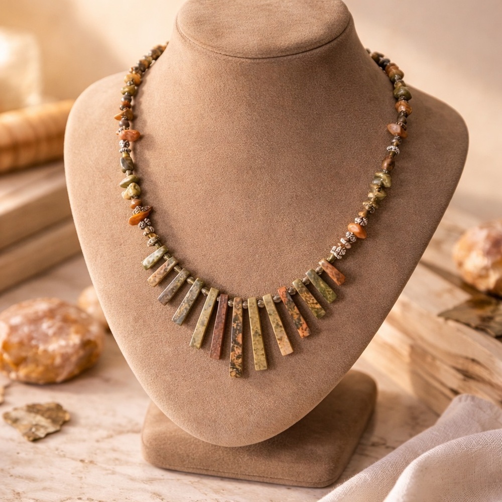 Handcrafted Unakite & Jasper Multicolor Stone Fan Necklace | Boho Statement